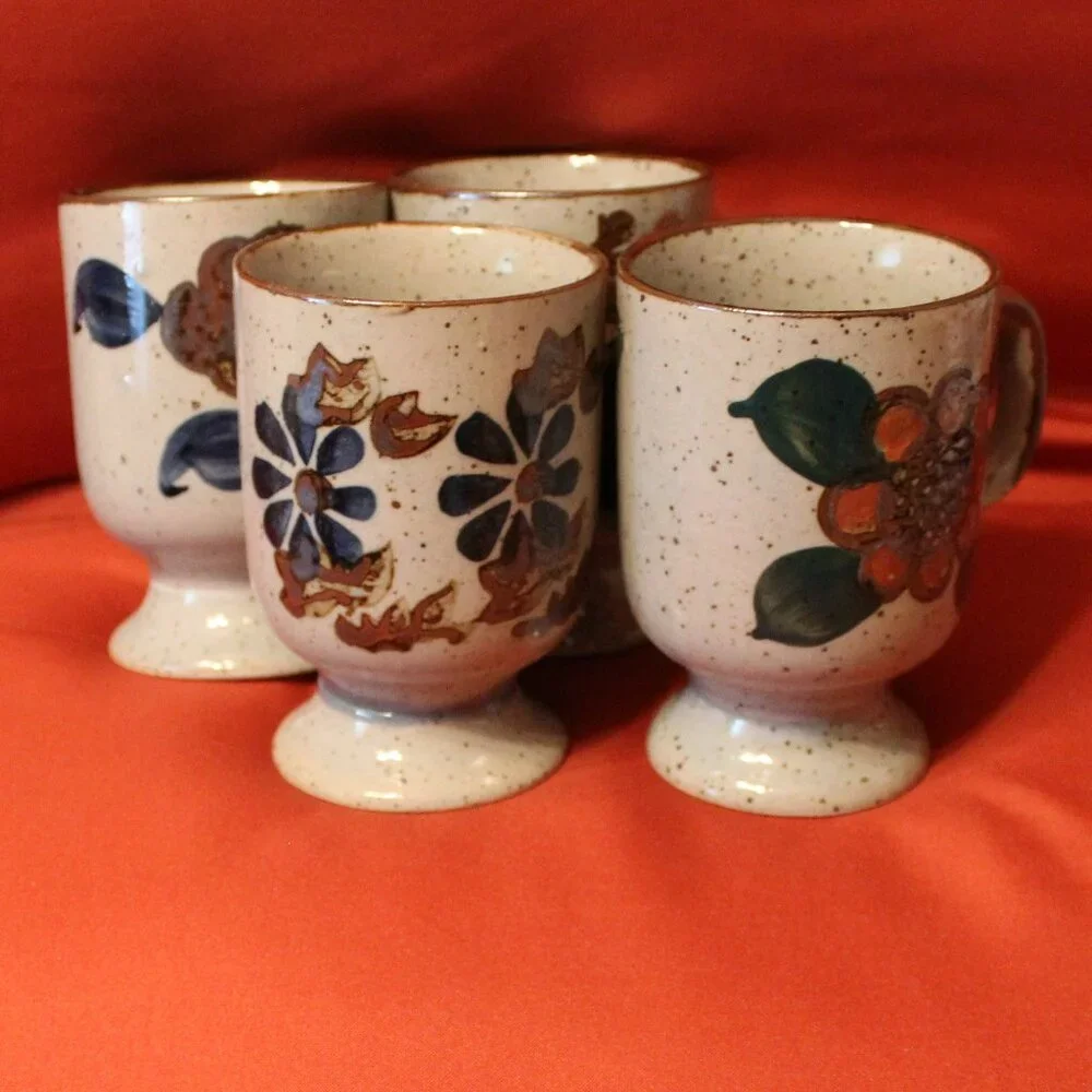 Vintage Hand Painted Fred Roberts Co. Ceramic Mug Orange, Blue & Brown Set 4
